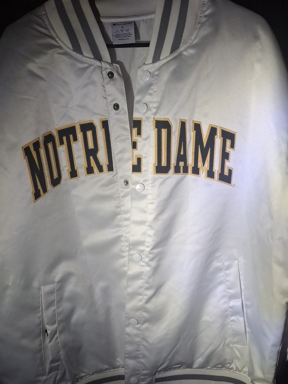 Champion White Satin  Notre Dame Button Up Jacket XL brand New